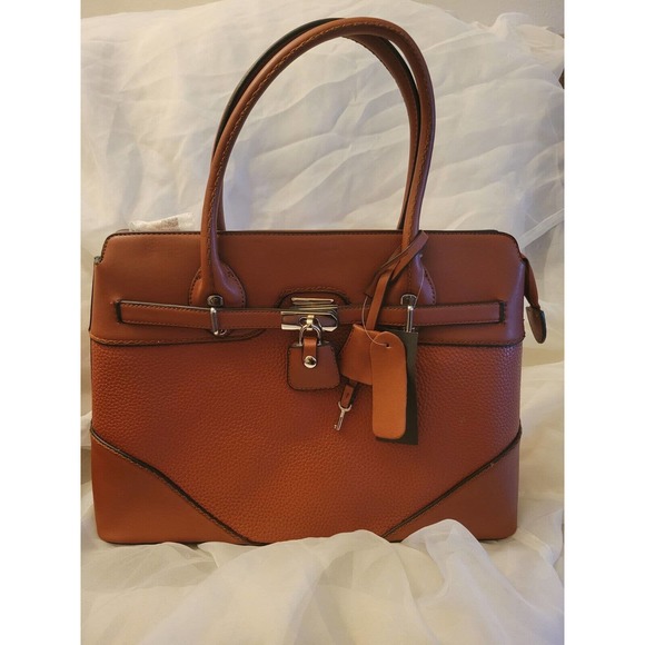 NWT Chocolate Vegan Leather Covered Lock & Key Medium Top Handle Satchel Handbag - Picture 9 of 11